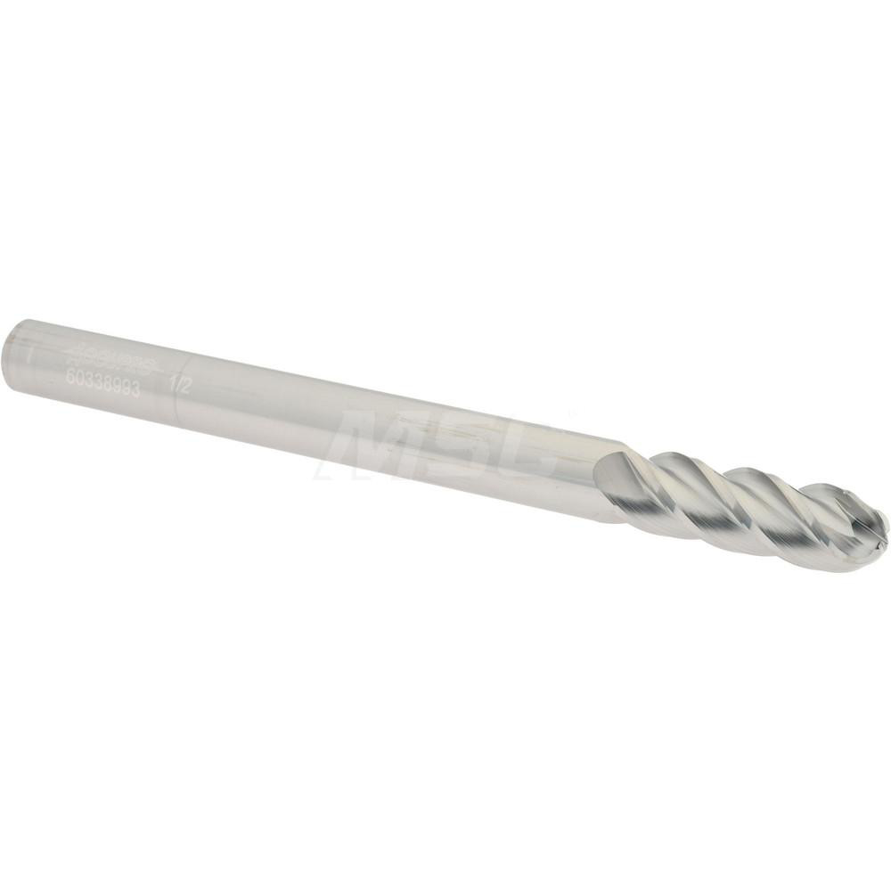 12184967 Ball End Mill: 0.5" Dia, 1.5" LOC, 4 Flute, Solid Carbide  