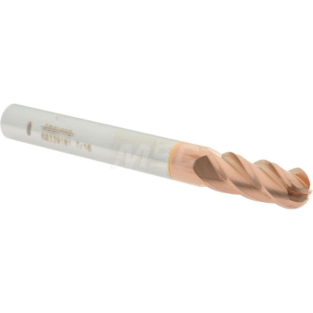 Ball End Mill: 0.4375" Dia, 1" LOC, 4 Flute, Solid Carbide