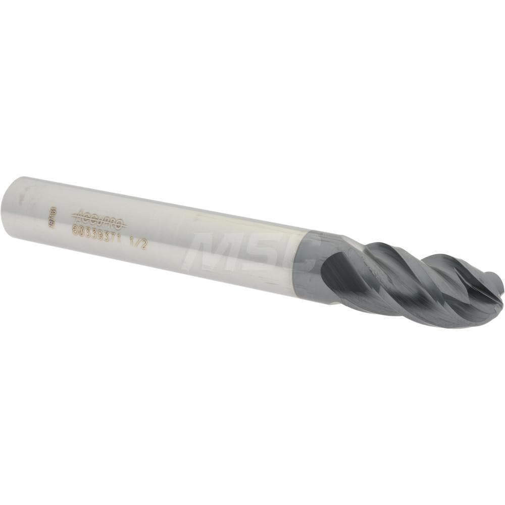 Accupro 12184945 Ball End Mill: 0.5" Dia, 1" LOC, 4 Flute, Solid Carbide 