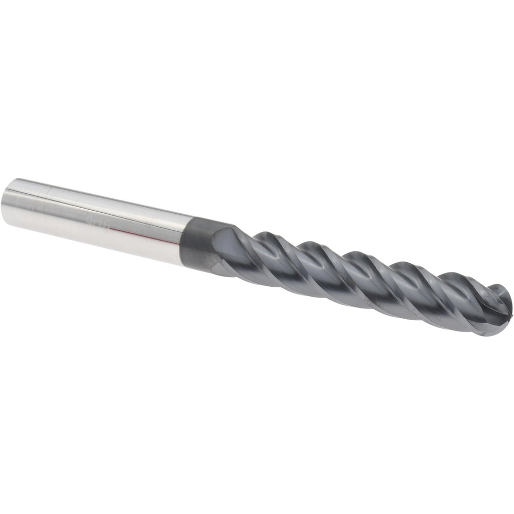 Ball End Mill: 9/16" Dia, 3" LOC, 4 Flute, Solid Carbide