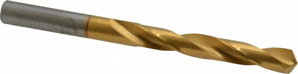 Jobber Length Drill Bit: 9/32" (0.2812) Dia, 118 deg, Solid Carbide - TiN Finish, 3-1/2" OAL, Right Hand Cut, Regular Spiral Flute, Straight-Cylindrical Shank