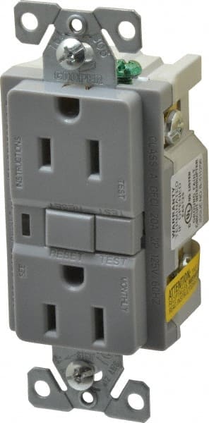 Cooper Wiring Devices SGF15GY 1 Phase, 5-15R NEMA, 125 VAC, 15 Amp, Self Grounding, GFCI Receptacle 