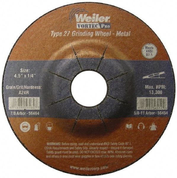 Depressed Grinding Wheel:  Type 27,  4-1/2" Dia,  1/4" Thick,  7/8" Hole,  Aluminum Oxide