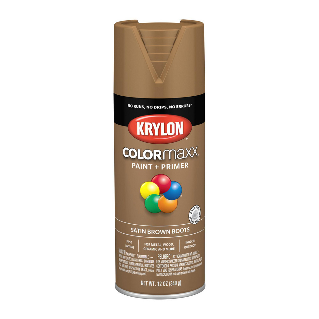KRYLON COLORmaxx™ Paint + Primer, Satin, Brown Boots, 12 oz - 12.000 oz Container, Use on Wood, Metal, Wicker, Papier-Mache, Glass, Plaster