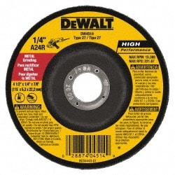 Depressed Grinding Wheel: Type 27, 4-1/2" Dia, 1/4" Thick, 7/8" Hole, Aluminum Oxide