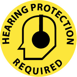 Accident Prevention Adhesive Backed Floor Sign: Round, Vinyl, ''HEARING PROTECTION REQUIRED''