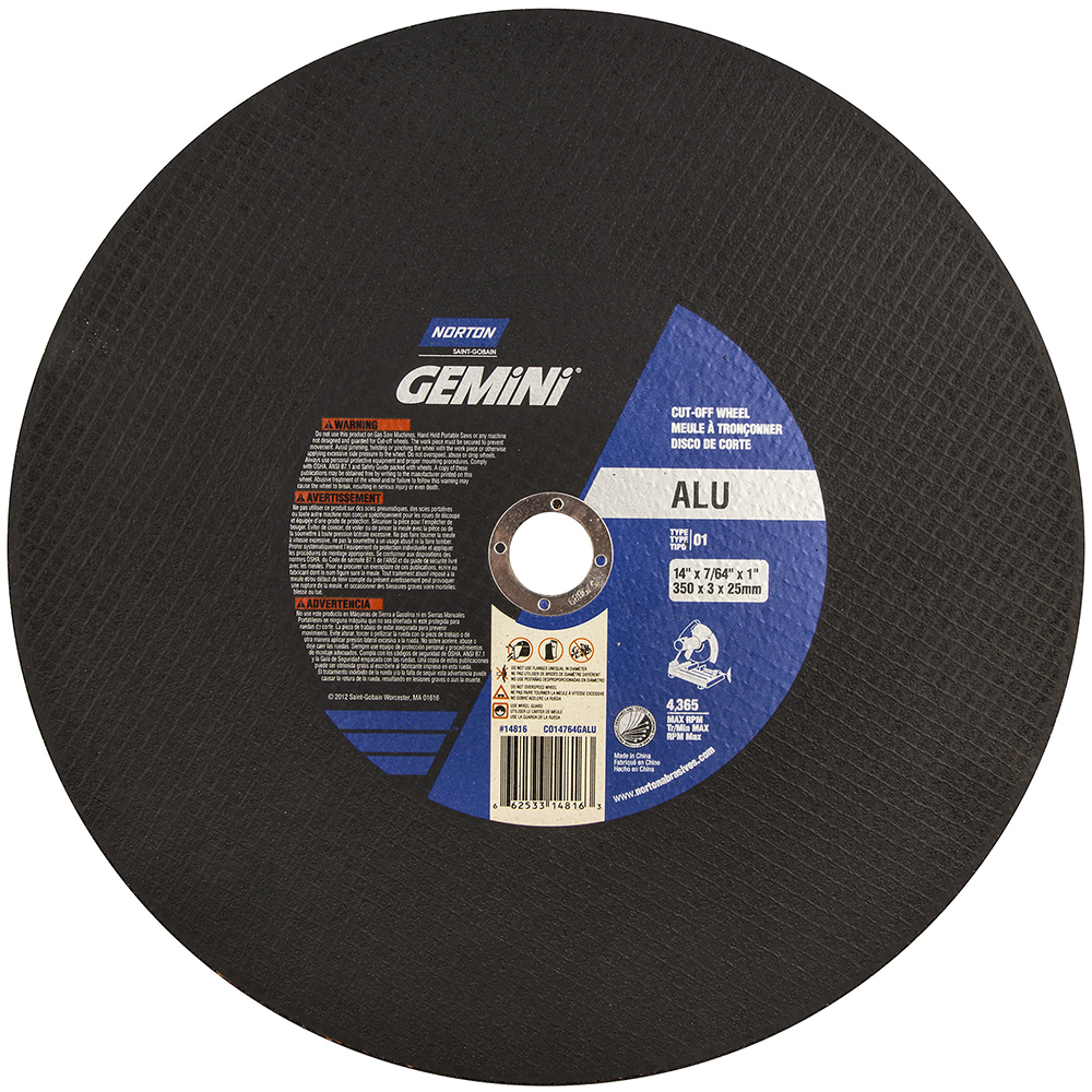 Norton CutOff Wheel 14" Dia, 7/64" Thick, 1" Hole, Aluminum Oxide