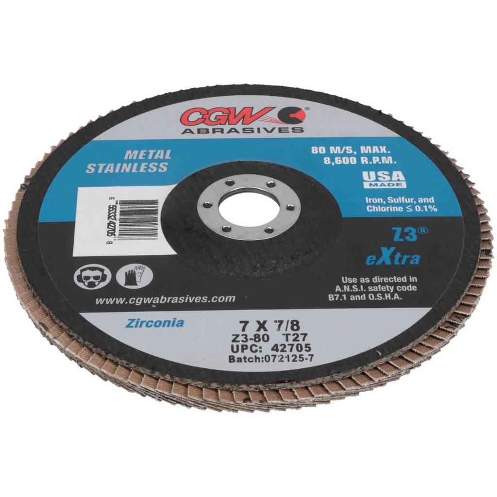 Camel Grinding Wheels | CGW Abrasives Flap Disc: 7" Dia, 7/8" Hole, 80 Grit, Zirconia Alumina, Type 27 - Coated, Medium Grade, Poly-Cotton-Backed