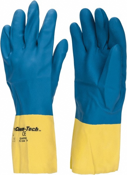 Chemical Resistant Gloves: Memphis® Size Large, 28.0000 mil, Latex & Neoprene, Supported - Blue & Yellow, Diamond Embossed Grip, Pair, FDA Approved