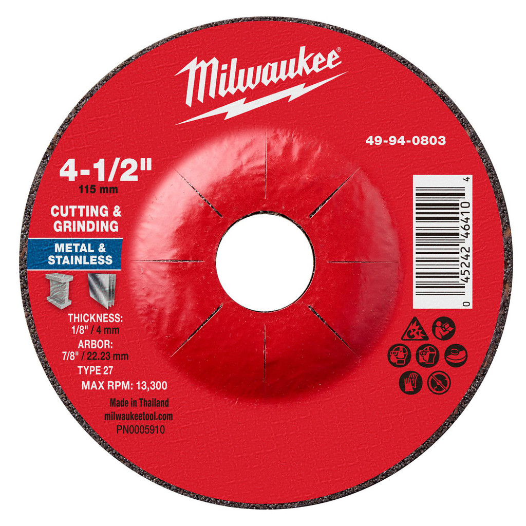 Milwaukee Tool | Milwaukee Depressed-Center Wheel: Type 27, 4-1/2" Dia, 1/8" Thick, 7/8" Hole, Aluminum Oxide - 30 Grit, Resinoid Bond, 13300 Max