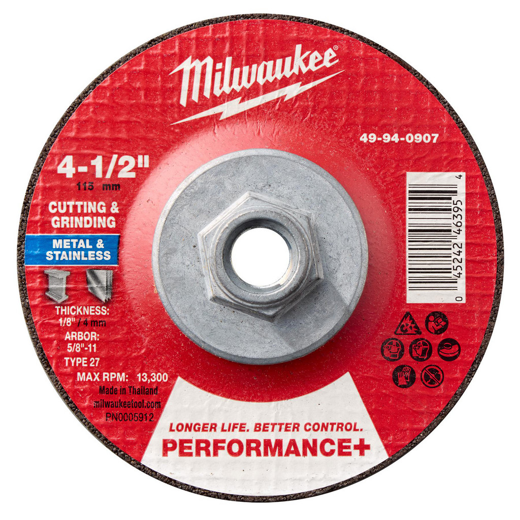 Milwaukee Tool | Milwaukee Depressed-Center Wheel: Type 27, 4-1/2" Dia, 1/8" Thick, 5/8-11 Hole, Aluminum Oxide - 24 Grit, Resinoid Bond, 13300 Max