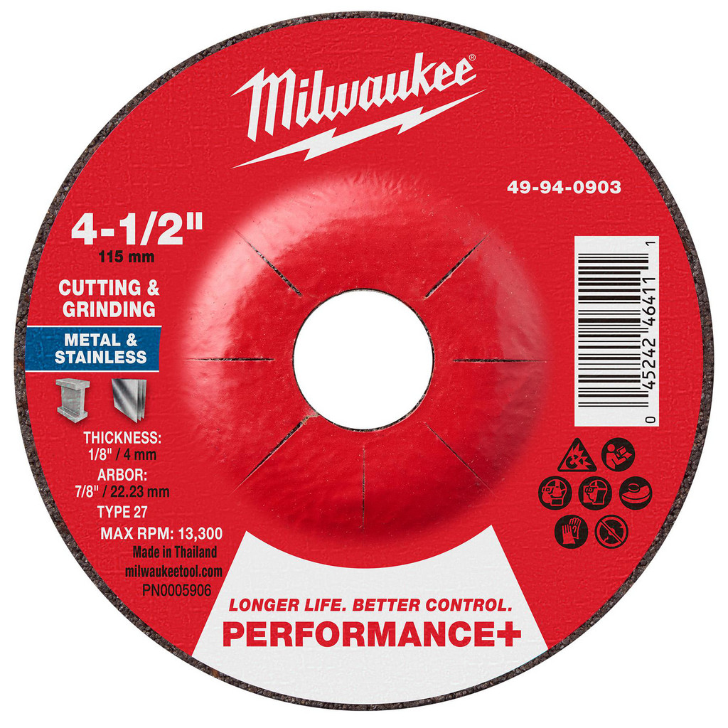 Milwaukee Tool | Milwaukee Depressed-Center Wheel: Type 27, 4-1/2" Dia, 1/8" Thick, 7/8" Hole, Aluminum Oxide - 24 Grit, Resinoid Bond, 13300 Max