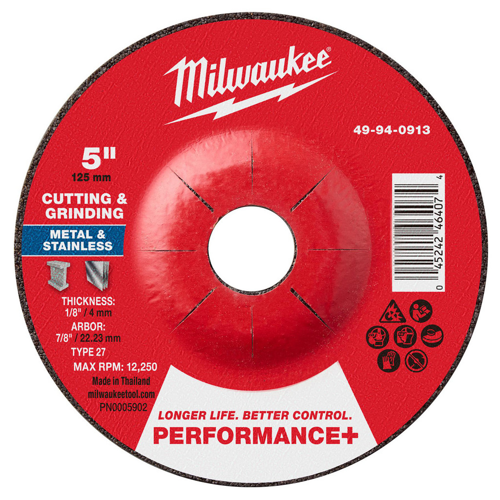 Milwaukee Tool | Milwaukee Depressed-Center Wheel: Type 27, 5" Dia, 1/8" Thick, 7/8" Hole, Aluminum Oxide - 24 Grit, Resinoid Bond, 12250 Max RPM