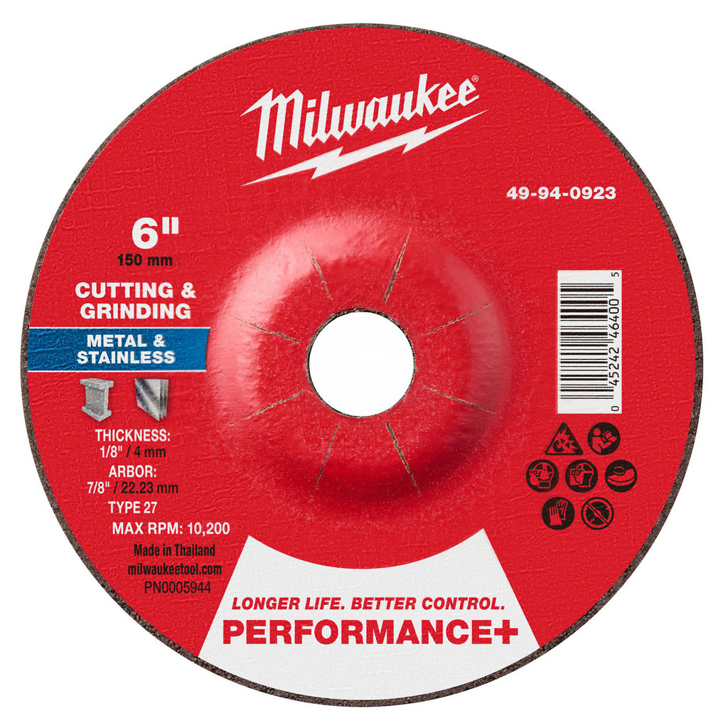 Milwaukee Tool | Milwaukee Depressed-Center Wheel: Type 27, 5" Dia, 1/8" Thick, 7/8" Hole, Aluminum Oxide - 24 Grit, Resinoid Bond, 10200 Max RPM