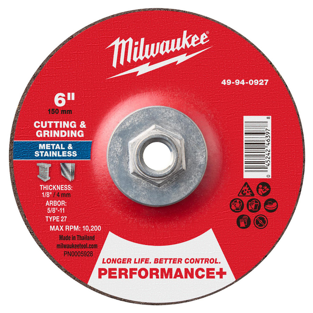Milwaukee Tool | Milwaukee Depressed-Center Wheel: Type 27, 6" Dia, 1/8" Thick, 5/8-11 Hole, Aluminum Oxide - 24 Grit, Resinoid Bond, 10200 Max RPM
