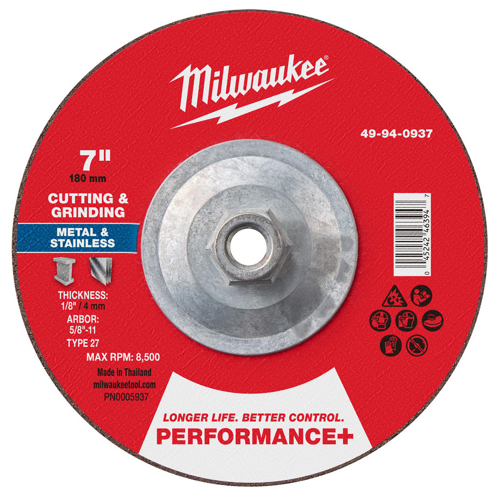 Milwaukee Tool | Milwaukee Depressed-Center Wheel: Type 27, 7" Dia, 1/8" Thick, 5/8-11 Hole, Aluminum Oxide - 24 Grit, Resinoid Bond, 8500 Max RPM