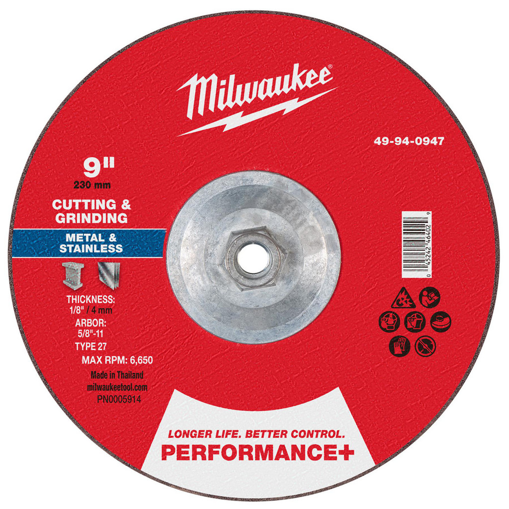 Milwaukee Tool | Milwaukee Depressed-Center Wheel: Type 27, 9" Dia, 1/8" Thick, 5/8-11 Hole, Aluminum Oxide - 24 Grit, Resinoid Bond, 6650 Max RPM