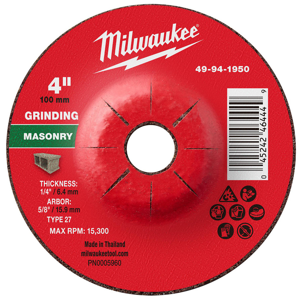 Milwaukee Tool | Milwaukee Depressed-Center Wheel: Type 27, 4" Dia, 1/4" Thick, 5/8-11 Hole, Aluminum Oxide - 24 Grit, Resinoid Bond, 15300 Max RPM