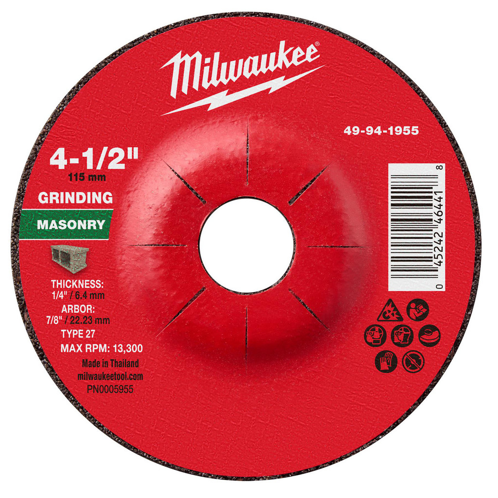 Milwaukee Tool | Milwaukee Depressed-Center Wheel: Type 27, 4-1/2" Dia, 1/4" Thick, 7/8" Hole, Aluminum Oxide - 24 Grit, Resinoid Bond, 13300 Max