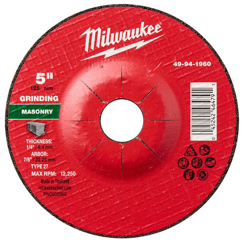 Milwaukee Tool | Milwaukee Depressed-Center Wheel: Type 27, 5" Dia, 1/4" Thick, 7/8" Hole, Aluminum Oxide - 24 Grit, Resinoid Bond, 12250 Max RPM