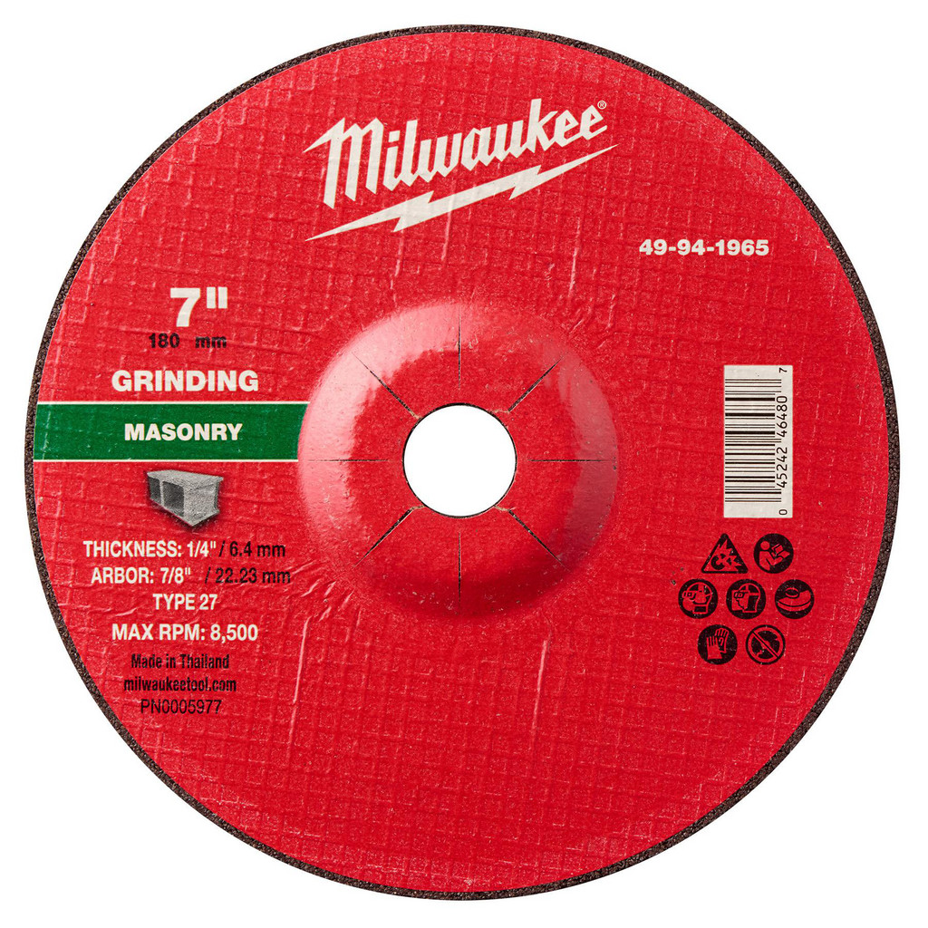 Milwaukee Tool | Milwaukee Depressed-Center Wheel: Type 27, 7" Dia, 1/4" Thick, 7/8" Hole, Aluminum Oxide - 24 Grit, Resinoid Bond, 8500 Max RPM, Use