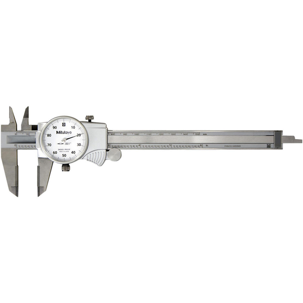 Dial Caliper: 8", 0.001000" Graduation, 0.1000" per Revolution, 0.0020" Accuracy, Carbide-Tipped Jaws - Stainless Steel, Depth Measurement, Inside Measurement, Outside Measurement & Step Measurement