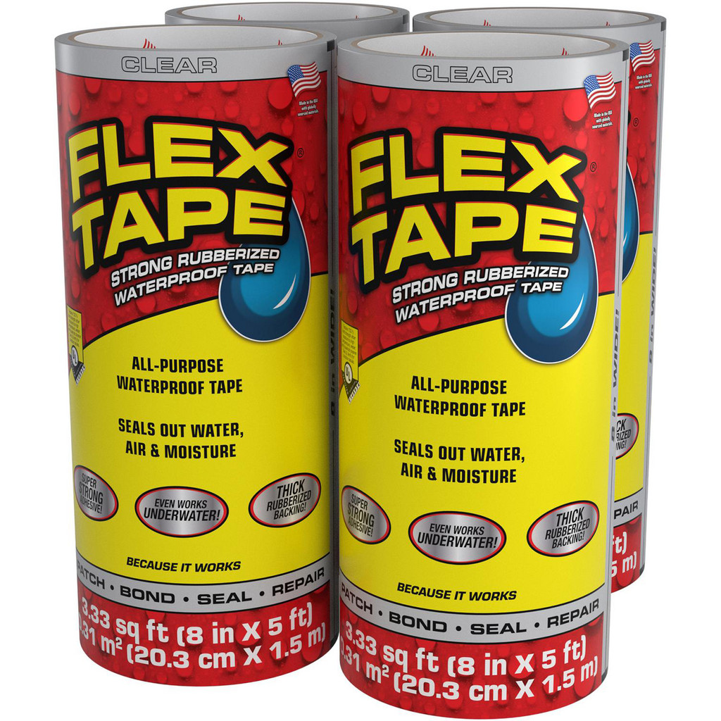 Flex Seal Waterproof Tape: Material Type: Rubber; Width (Inch): 8 in; Length (yd): 5 ft; Thickness: 39 mil; Color: Clear | 4-Pack | Part #TFSCLRR0805