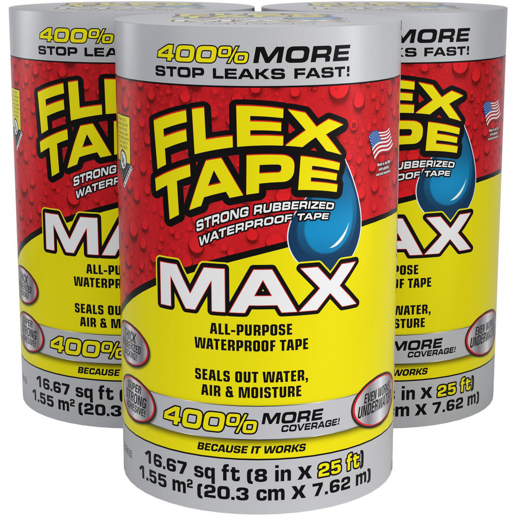 Flex Seal Waterproof Tape: Material Type: Rubber; Width (Inch): 8 in; Length (yd): 25 ft; Thickness: 39 mil; Color: Clear | 3-Pack