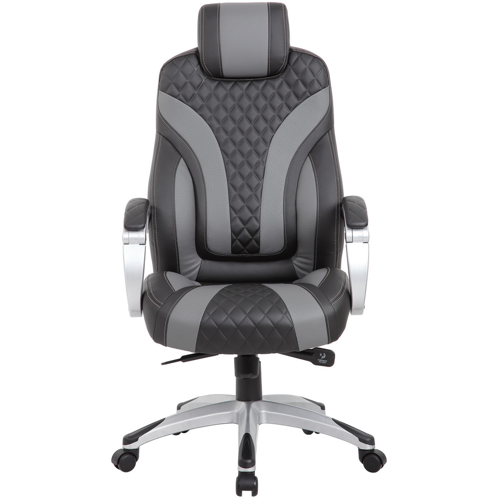 Hinged Arm Executive Chair with Synchro-Tilt Task Chair: Vinyl, 22-1/2" Seat Height, Black & Gray, Adjustable Height  - Hinged, Swivel 