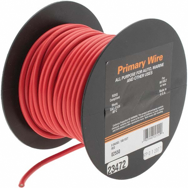 8 AWG, 100' OAL, Hook Up Wire - Red Vinyl Jacket