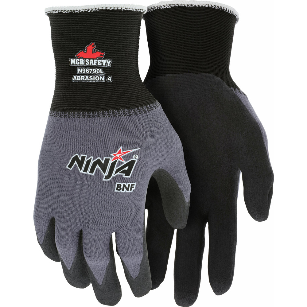 Work Gloves: Ninja® N96790, Size Small, Nitrile-Coated Nylon & Spandex, General Purpose - Black & Gray, Nylon & Spandex Lined, Pair,   FDA Approved