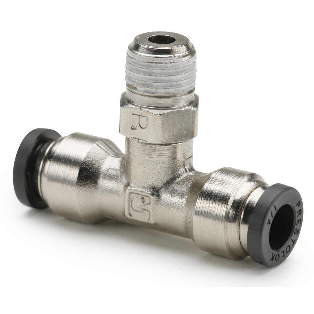 Push-to-Connect Push-to-Connect x Male NPTF Fitting: Swivel Run Tee, 1/4 Thread, NPTF, 1/4" OD - Nickel-Plated Brass, 300 psi