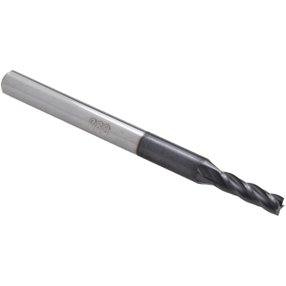 Accupro Miniatures Square End Mill: 0.0890" Dia, 0.2670" LOC, 4 Flute, Solid Carbide - 1.5000" OAL, 0.1250" Shank Dia, 30 deg Helix, AlTiN+ Finish, Single End, Series 547