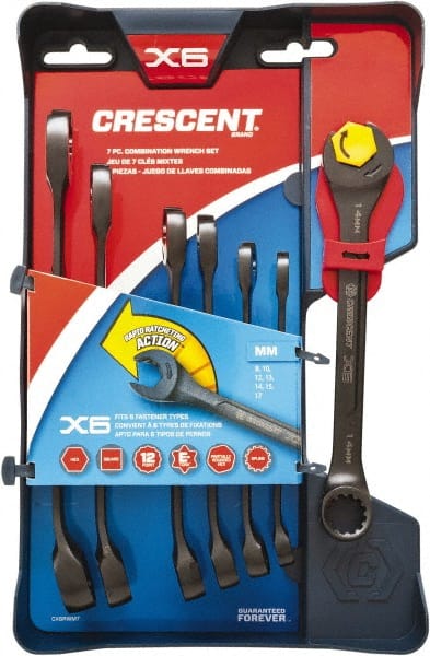 Crescent CX6RWM7 Ratcheting Combination Wrench Set: 7 Pc, 10 mm 12 mm 13 mm 14 mm 15 mm 17 mm & 8 mm Wrench, Metric 