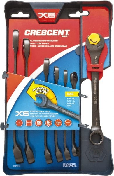 Crescent CX6RWS7 Ratcheting Combination Wrench Set: 7 Pc, 1/2" 11/16" 3/8" 5/16" 5/8" 7/16" & 9/16" Wrench, Inch 