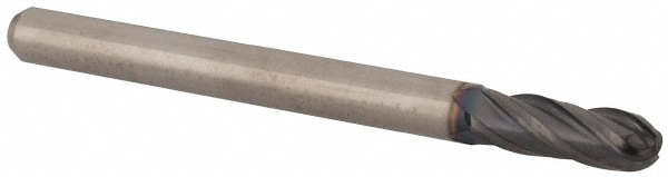 Ball End Mill: 0.1181" Dia, 0.3550" LOC, 4 Flute, Solid Carbide