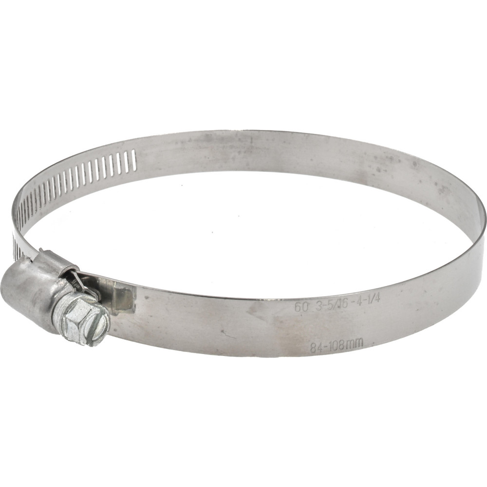 Worm Gear Clamp: SAE 60, 3-5/16 to 4-1/4" Dia, Stainless Steel Band
