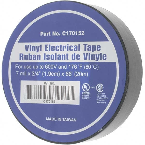 Electrical Tape: 3/4" Wide, 66' Long, 7 mil Thick, Black