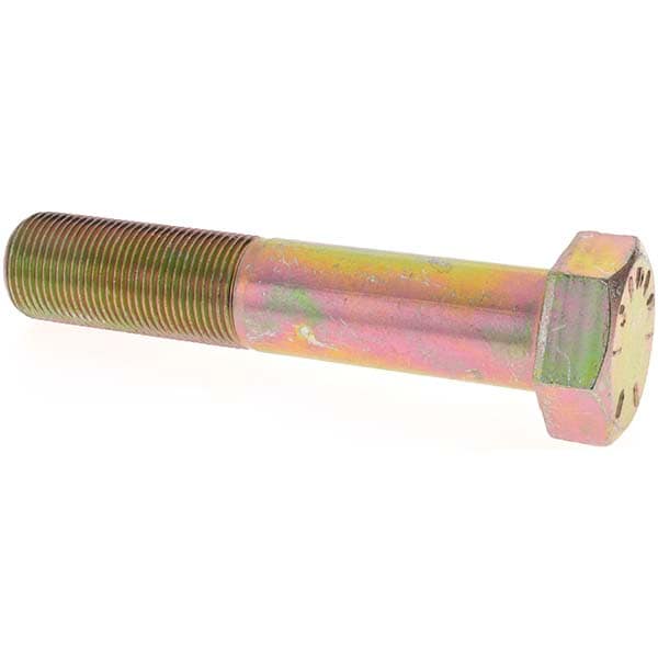 Hex Head Cap Screw: 1-14 x 5", Grade 8 Steel, Zinc Yellow Dichromate Finish