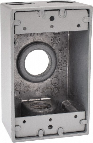Electrical Outlet Box: Aluminum, Rectangle, 4-1/2" OAH, 2-1/2" OAW, 2" OAD, 1 Gang