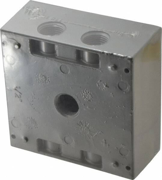 Electrical Outlet Box: Aluminum, Square, 4-9/16" OAH, 4-5/8" OAW, 2-1/16" OAD, 2 Gangs