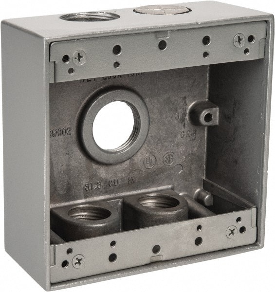 Electrical Outlet Box: Aluminum, Square, 4-9/16" OAH, 4-5/8" OAW, 2-1/16" OAD, 2 Gangs