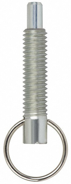 M12x1.75, 1.4" Thread Length, 8mm Plunger Diam, 12.7mm Plunger Projection, 11 N Init to 22 N Final End Force, Steel Locking Pull Ring Plunger