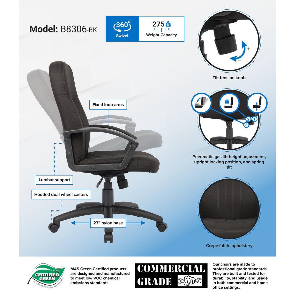 Boss Office Products Task Chair Crepe, Adjustable Height, Black