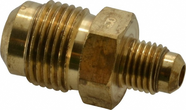 Brass Flared Tube Union Reducer: 1/2 x 1/4" OD, 7/16-20 Thread, 45 deg Flared Angle