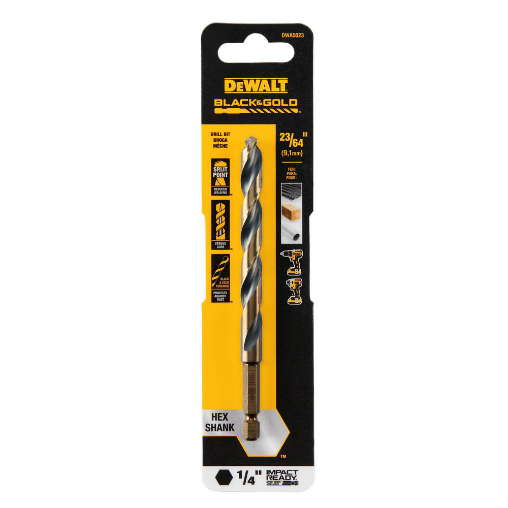 DeWALT Mechanics Drill Bit: 135°, High-Speed Steel, Hex Shank, Split-Point Point - Gold Finish, RH Cut Series BLACK & GOLD | Part #DWA5023