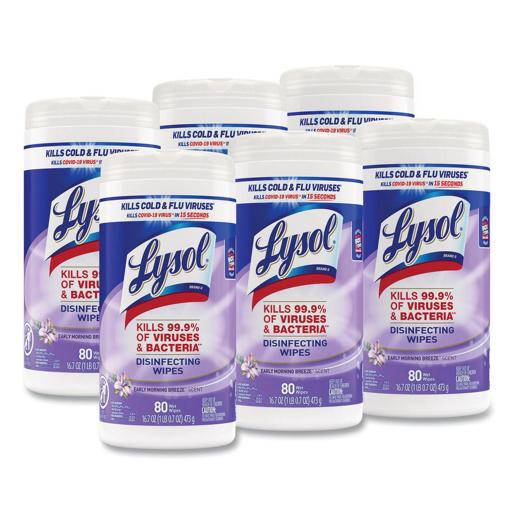 Lysol Disinfecting Wipes, 1-Ply, 7 x 7.25, Early Morning Breeze, White, 80 Wipes/Canister, 6 Canisters/Carton - Canister, 7.2500" Long, 7" Wide