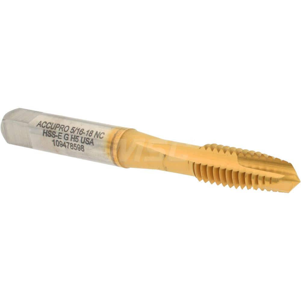 Accupro 30105-00T Spiral Point Tap: 5/16-18 UNC, 3 Flutes, Plug, 2B Class of Fit, Powdered Metal, TiN Coated 