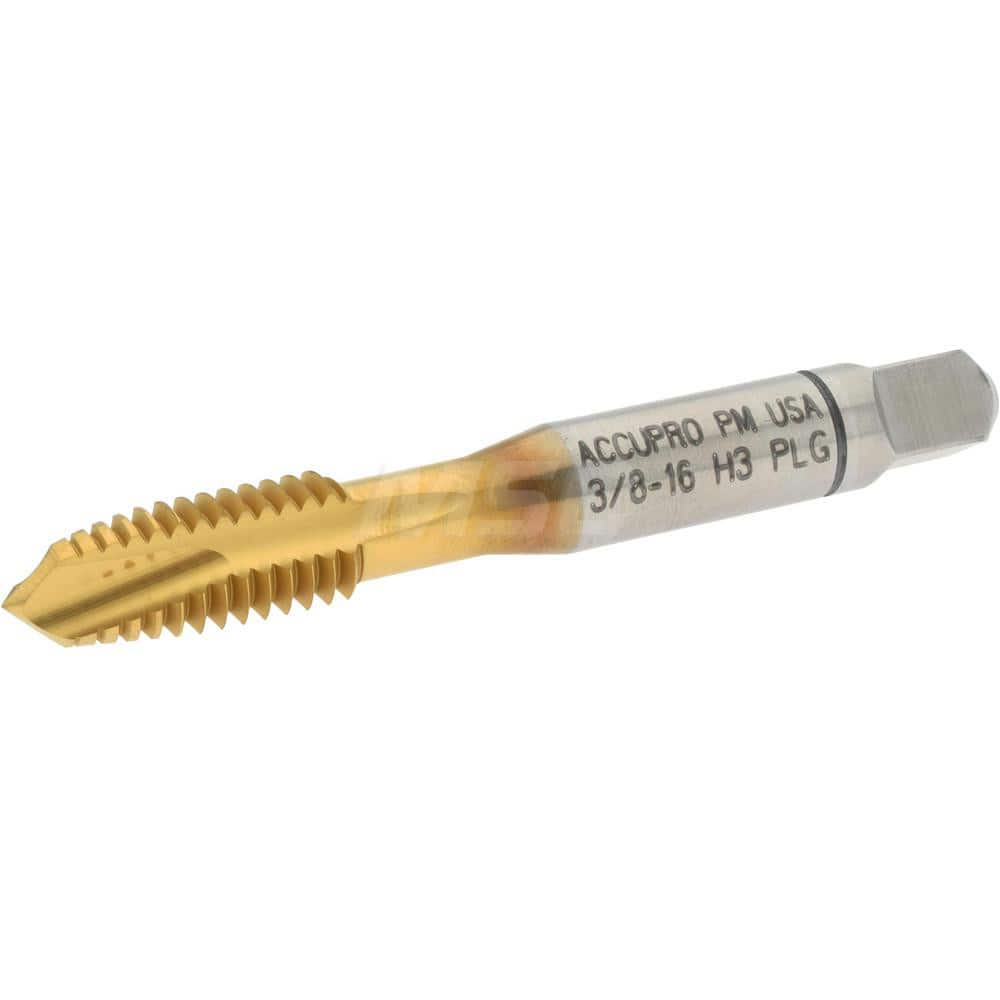 Accupro 30123-00T Spiral Point Tap: 3/8-16 UNC, 3 Flutes, Plug, 3B Class of Fit, Powdered Metal, TiN Coated 