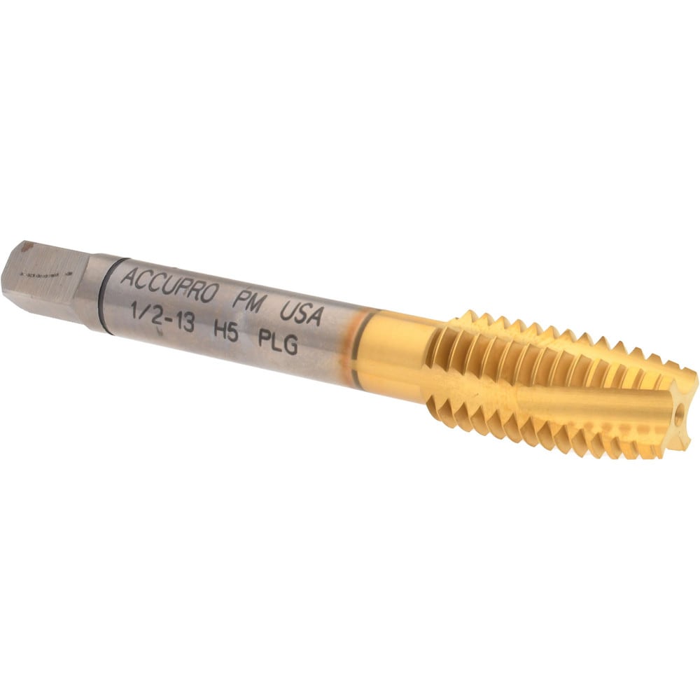 Accupro 30165-00T Spiral Point Tap: 1/2-13, UNC, 3 Flutes, Plug, 2B, Powdered Metal, TiN Finish 